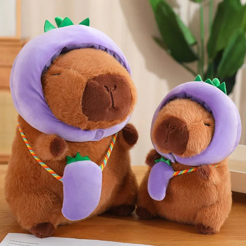 Adorable Capybara Plushie Dressed in Whimsical Vegetable Hats