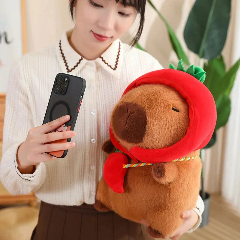 Adorable Capybara Plushie Dressed in Whimsical Vegetable Hats