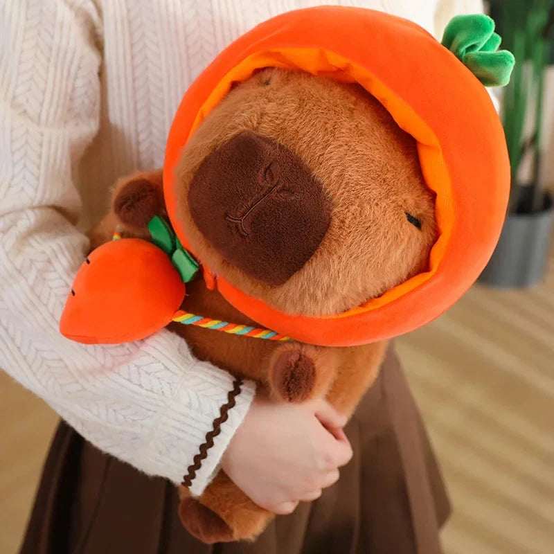 Adorable Capybara Plushie Dressed in Whimsical Vegetable Hats