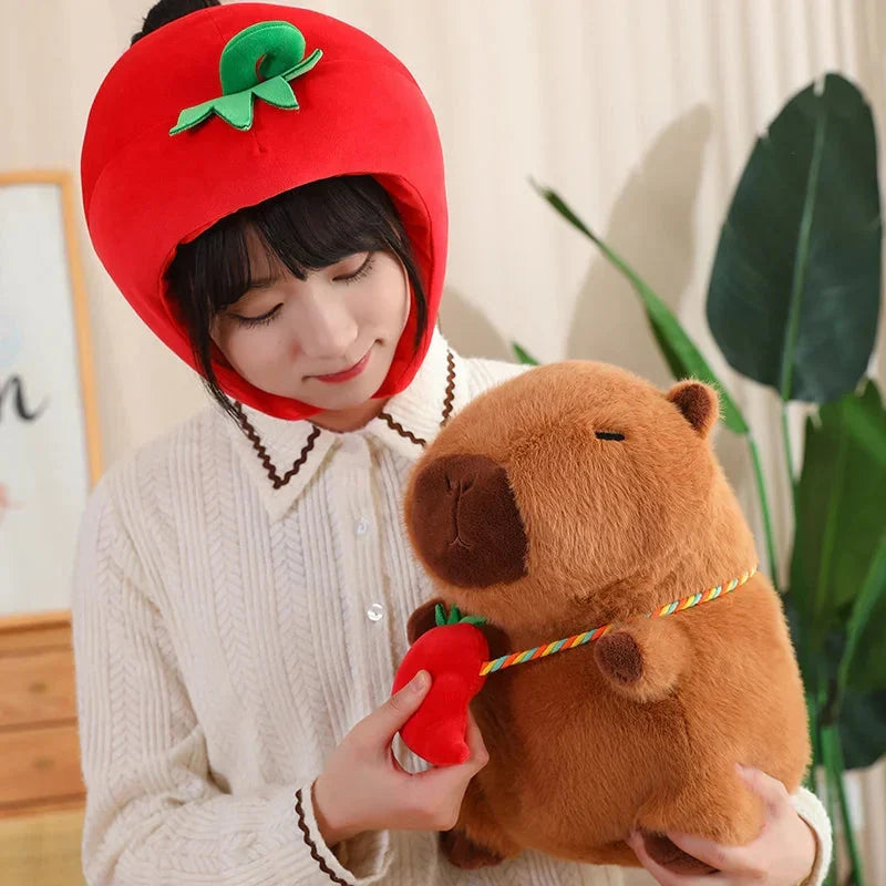 Adorable Capybara Plushie Dressed in Whimsical Vegetable Hats