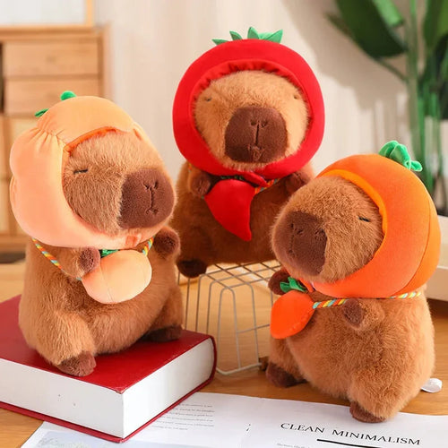 Adorable Capybara Plushie Dressed in Whimsical Vegetable Hats