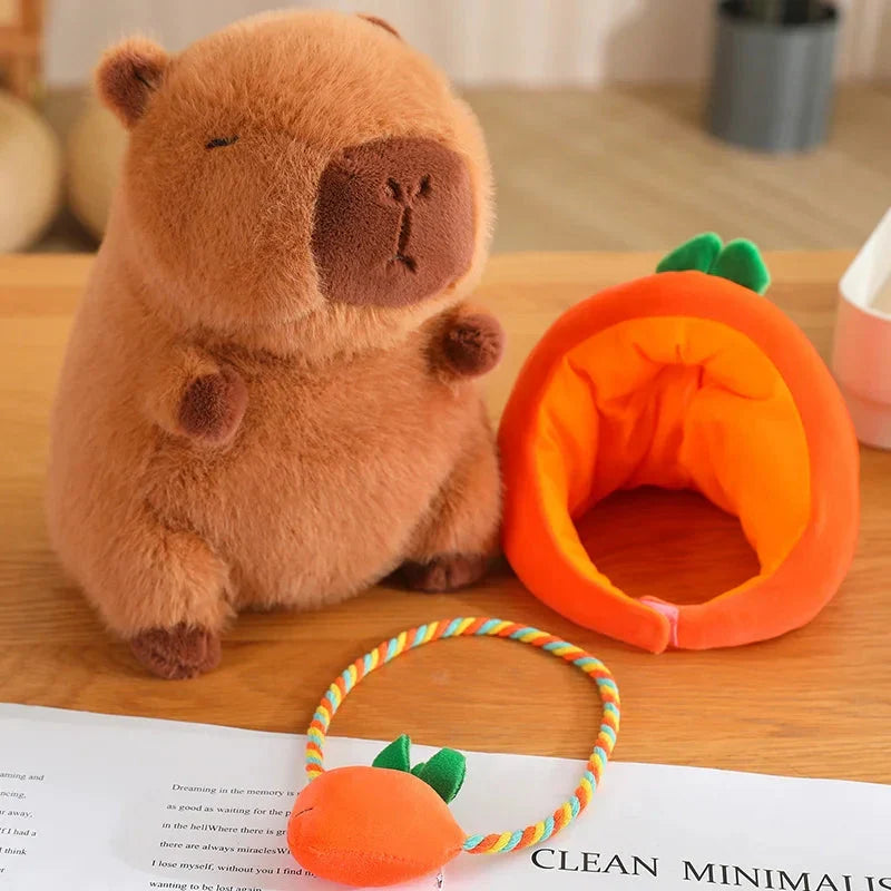 Adorable Capybara Plushie Dressed in Whimsical Vegetable Hats