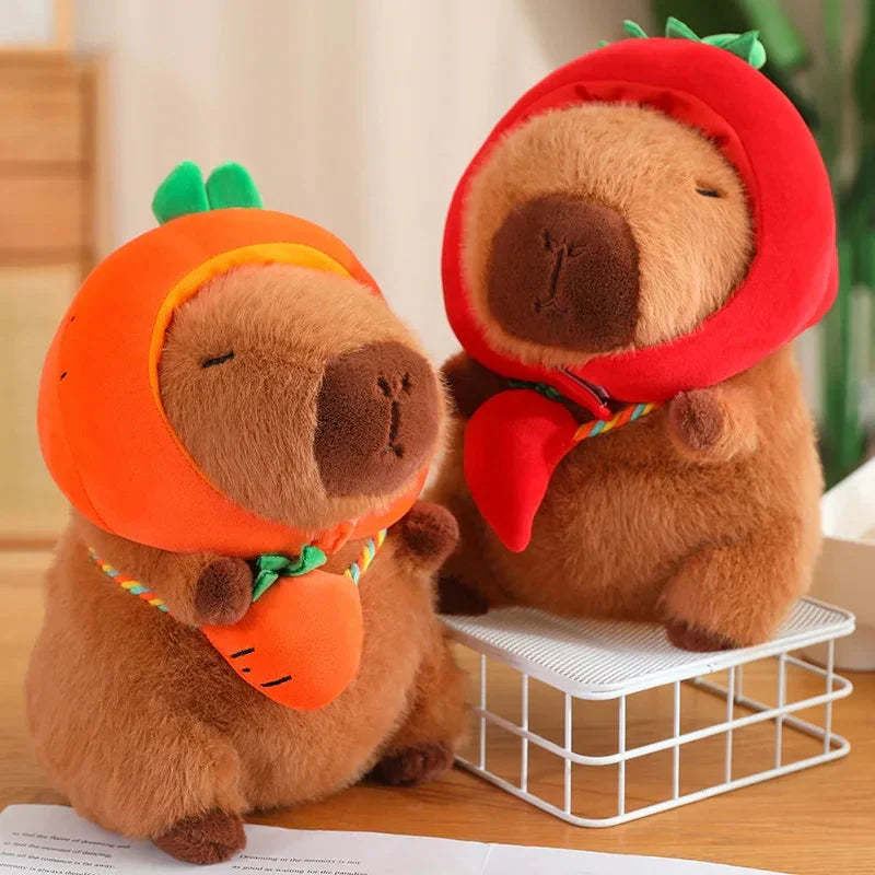 Adorable Capybara Plushie Dressed in Whimsical Vegetable Hats