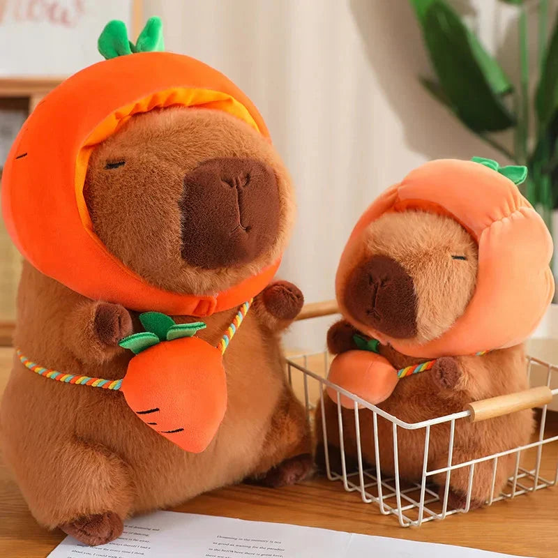 Adorable Capybara Plushie Dressed in Whimsical Vegetable Hats