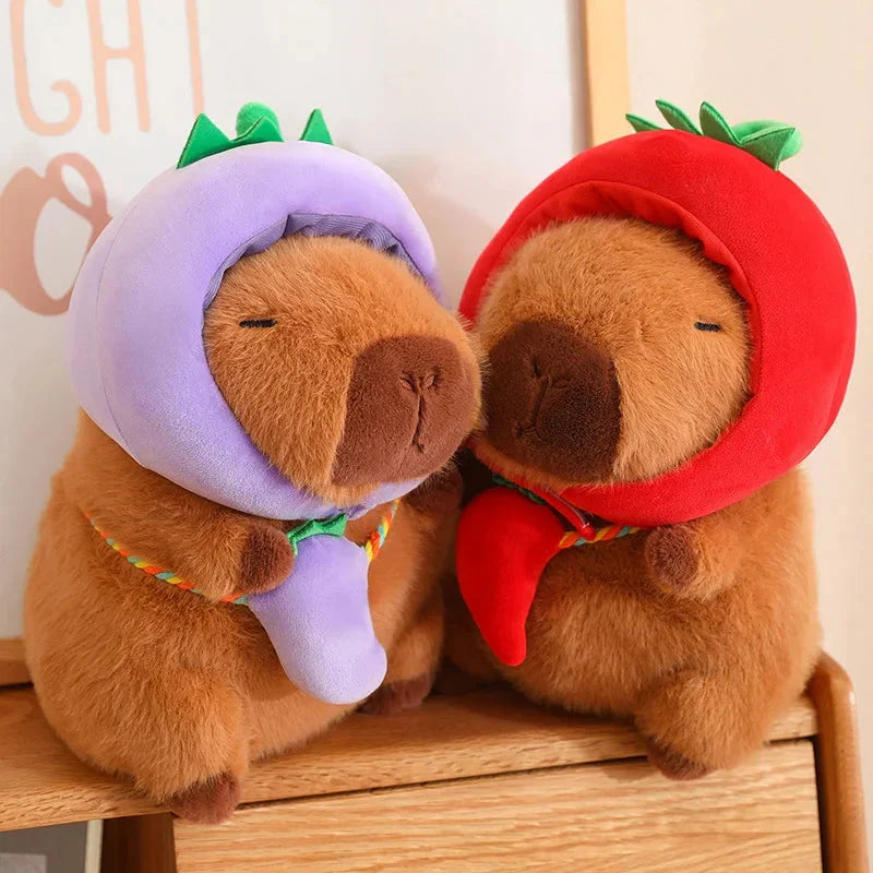Adorable Capybara Plushie Dressed in Whimsical Vegetable Hats