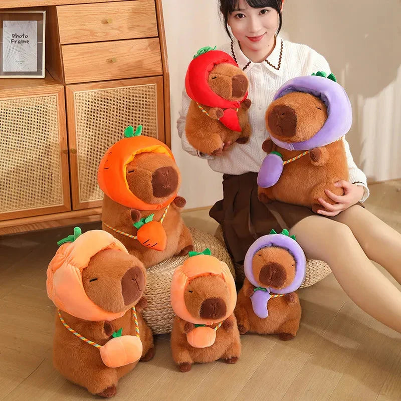 Adorable Capybara Plushie Dressed in Whimsical Vegetable Hats