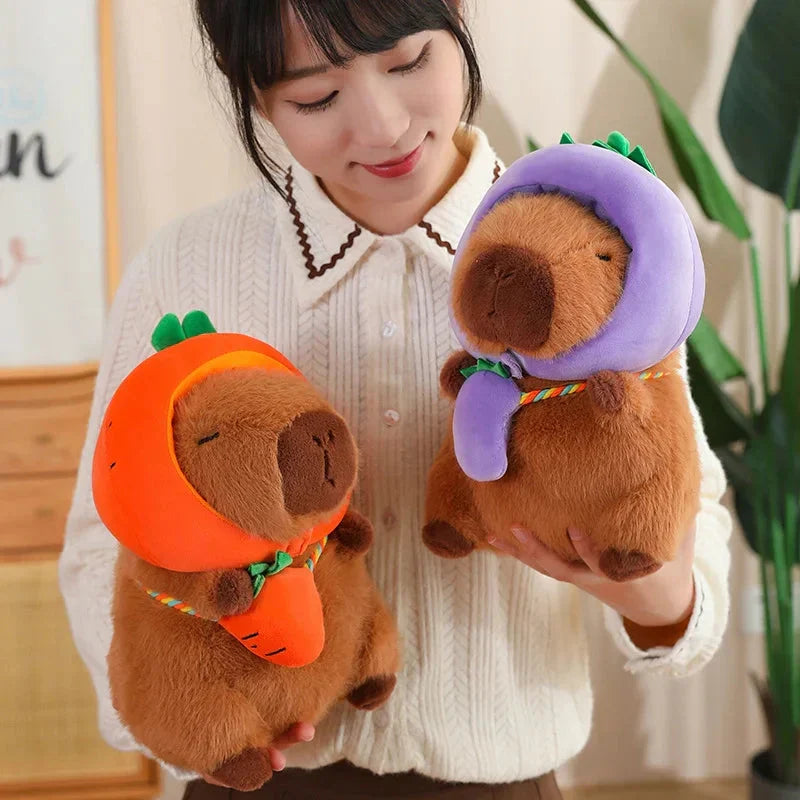 Adorable Capybara Plushie Dressed in Whimsical Vegetable Hats
