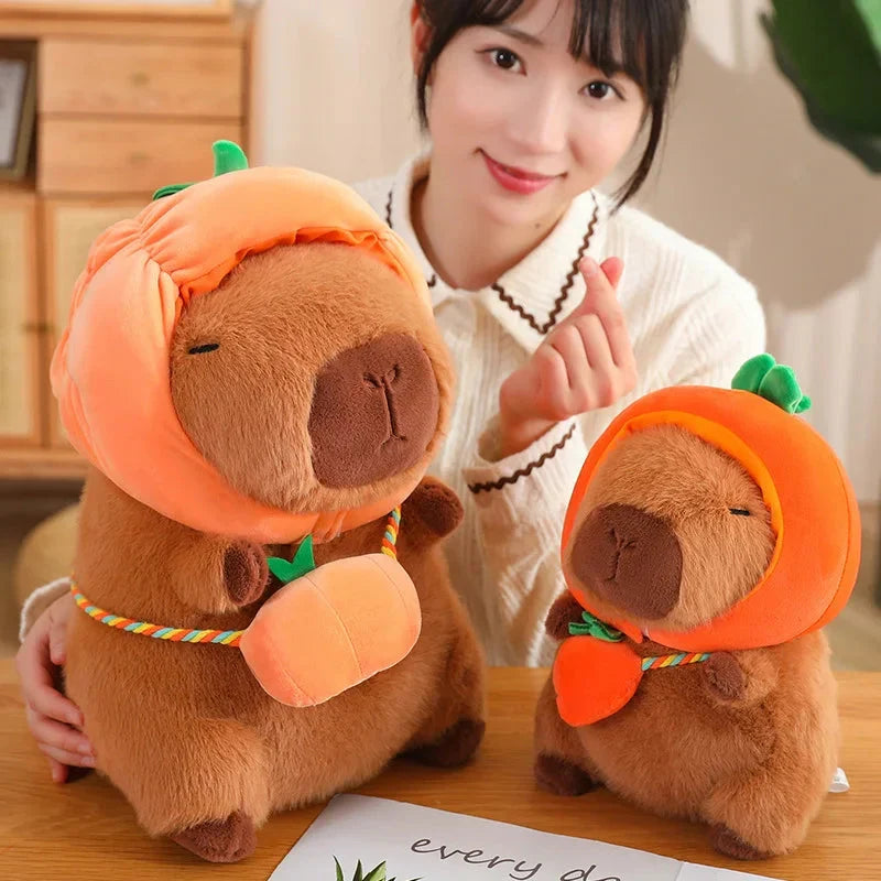 Adorable Capybara Plushie Dressed in Whimsical Vegetable Hats