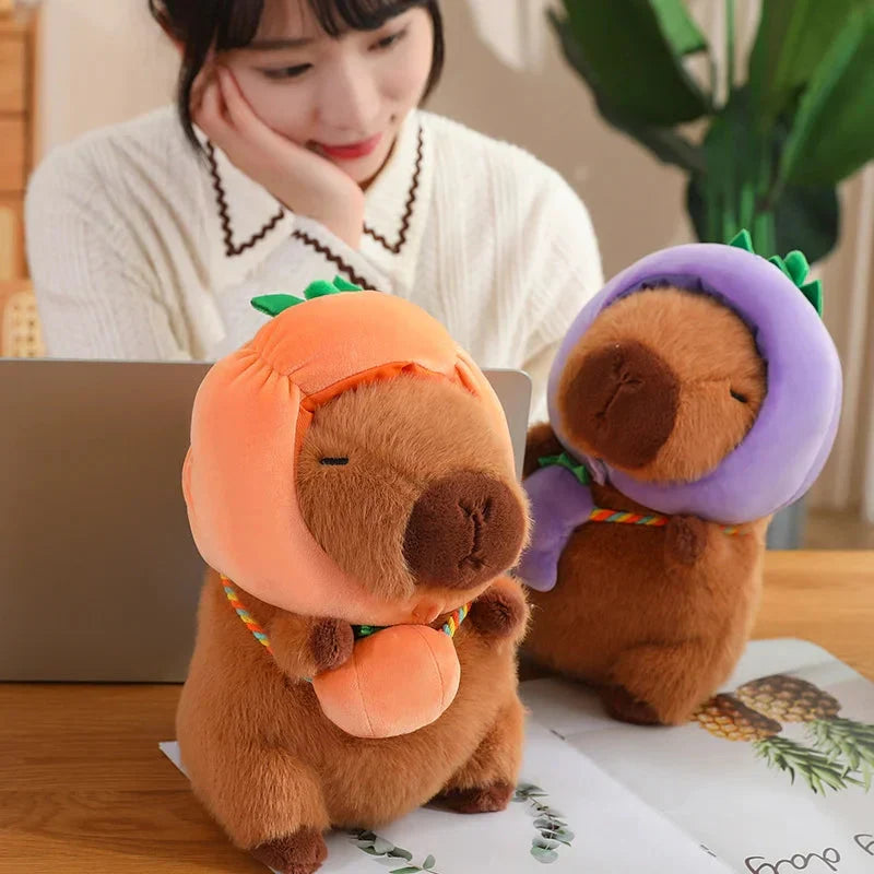 Adorable Capybara Plushie Dressed in Whimsical Vegetable Hats
