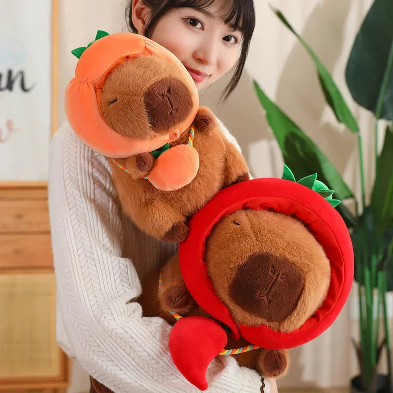Adorable Capybara Plushie Dressed in Whimsical Vegetable Hats