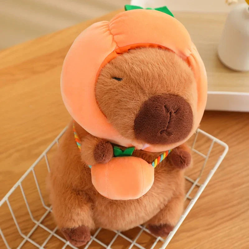 Adorable Capybara Plushie Dressed in Whimsical Vegetable Hats
