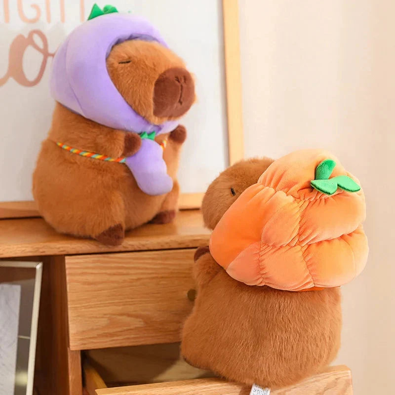 Adorable Capybara Plushie Dressed in Whimsical Vegetable Hats