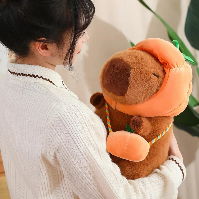 Adorable Capybara Plushie Dressed in Whimsical Vegetable Hats