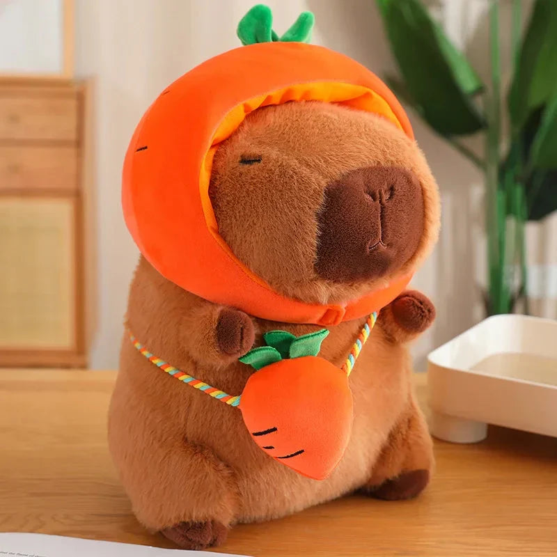 Adorable Capybara Plushie Dressed in Whimsical Vegetable Hats