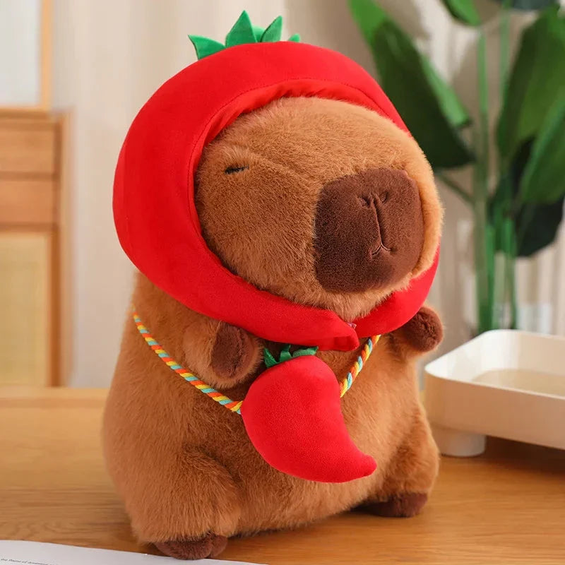 Adorable Capybara Plushie Dressed in Whimsical Vegetable Hats