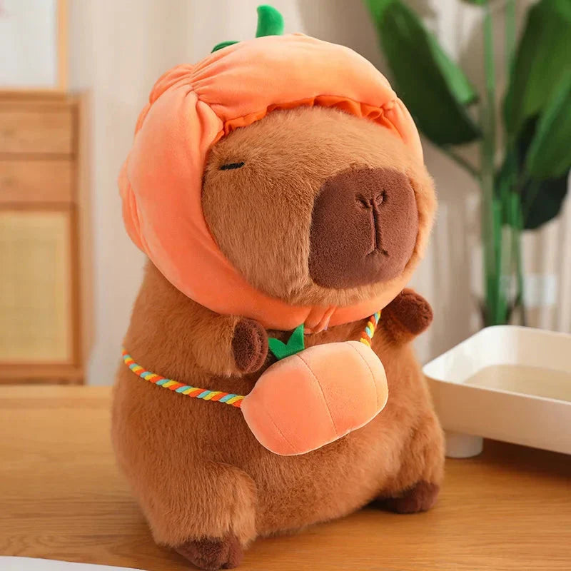 Adorable Capybara Plushie Dressed in Whimsical Vegetable Hats