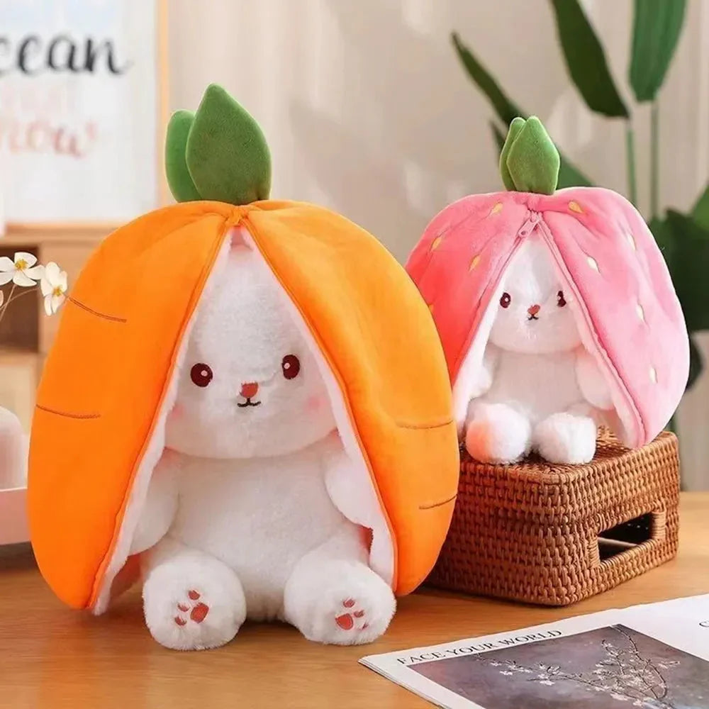 Adorable Fluffy Bunny Plushie with Strawberry and Carrot Accents - Zip Up Design!