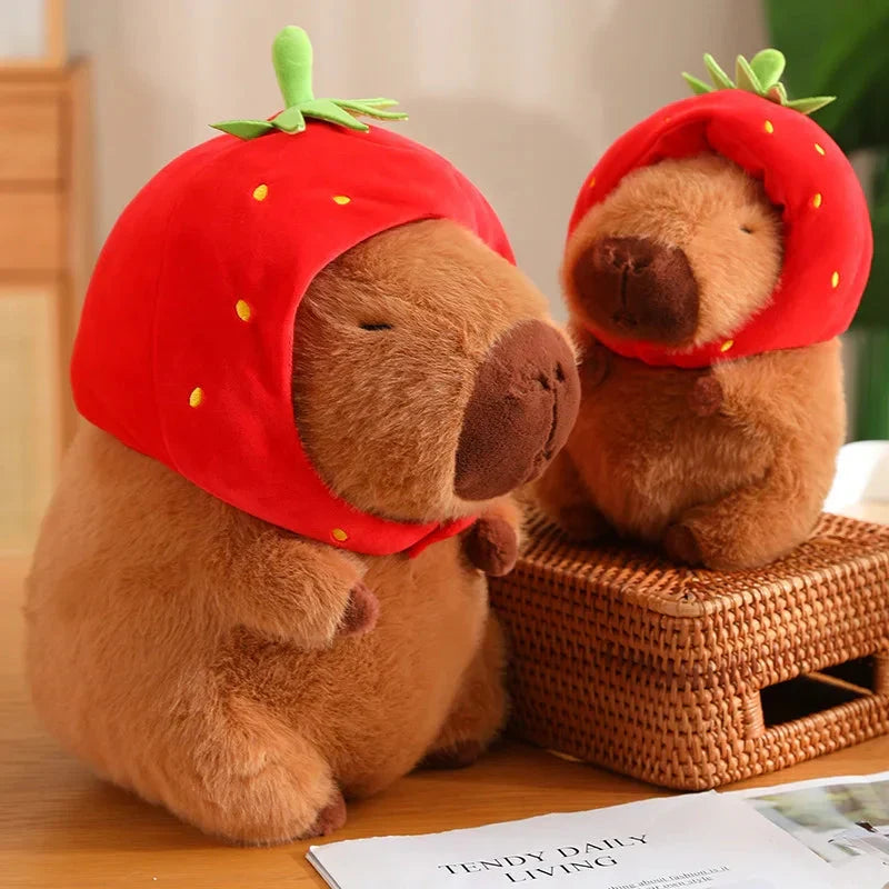 Adorable Capybara Plushie Adorned with a Cute Strawberry Hat