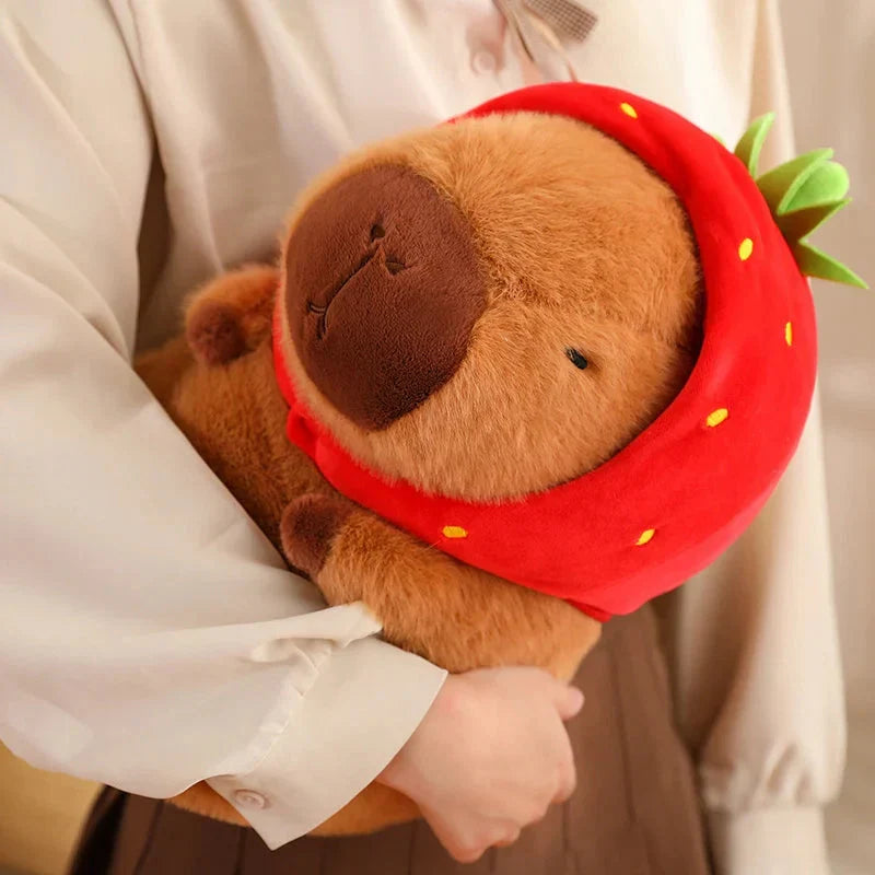 Adorable Capybara Plushie Adorned with a Cute Strawberry Hat