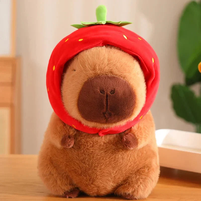 Adorable Capybara Plushie Adorned with a Cute Strawberry Hat