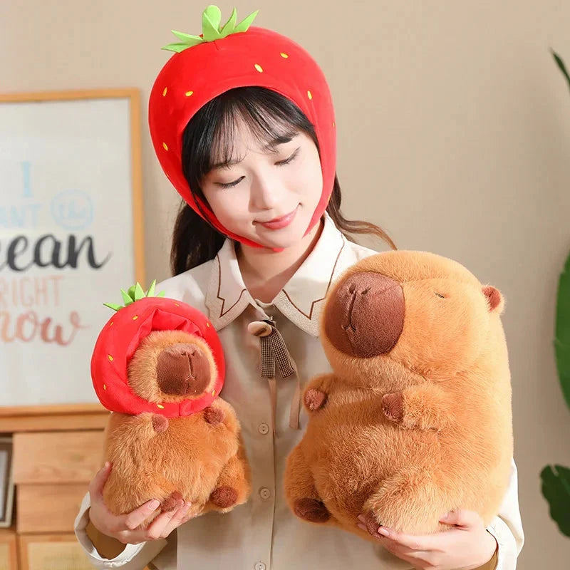 Adorable Capybara Plushie Adorned with a Cute Strawberry Hat