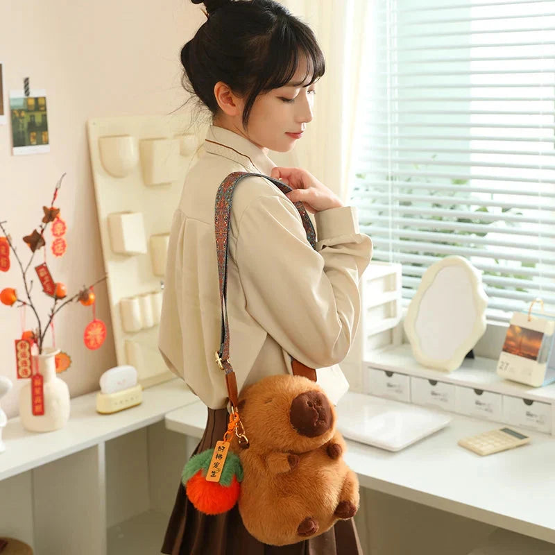 Adorable and Soft Fluffy Capybara Plush Toys with Adjustable Strap