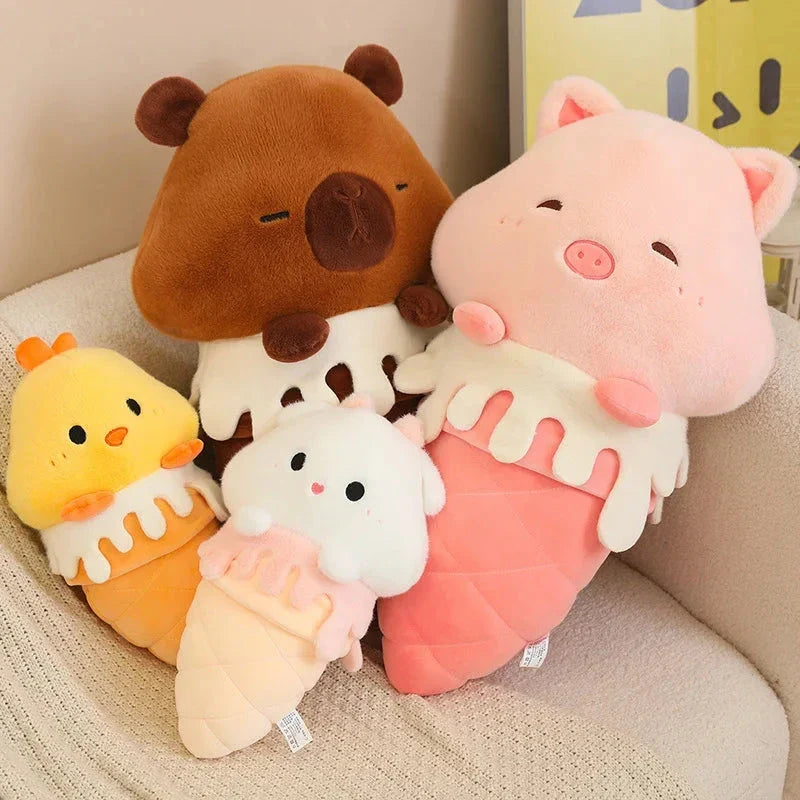 Adorable Kawaii Ice Cream-Inspired Plushie Collection: Pig, Capybara, Chick, and Sheep!
