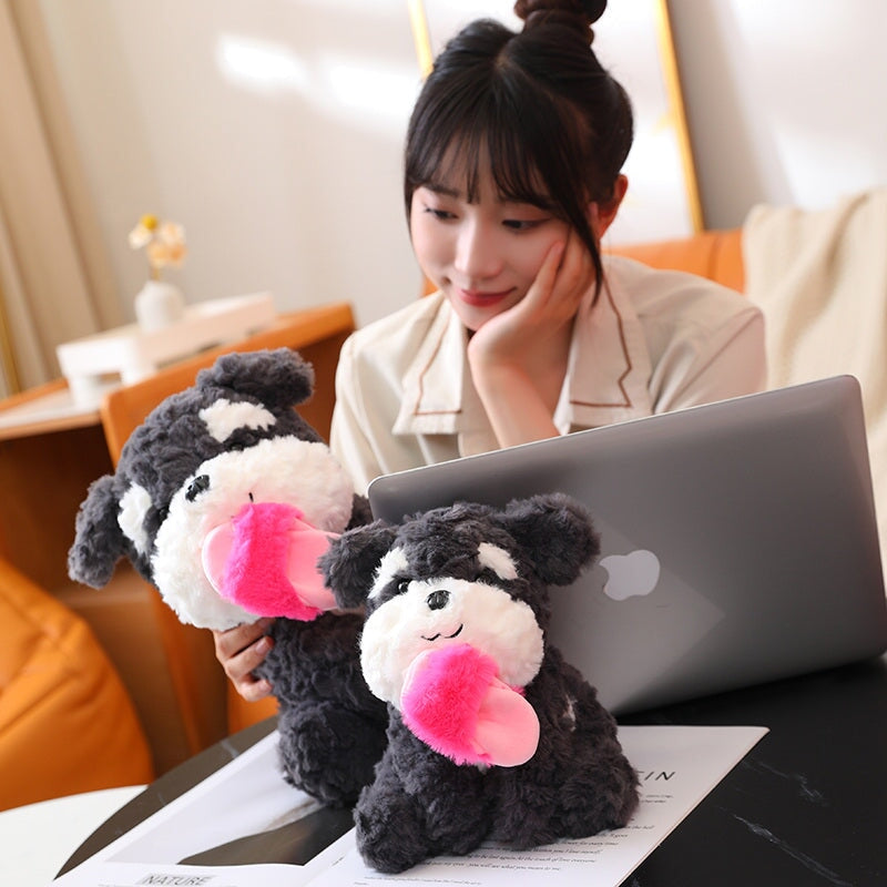 Adorable Kawaii Sooty the Fluffy Black Dog Plush with Cozy Slipper Design