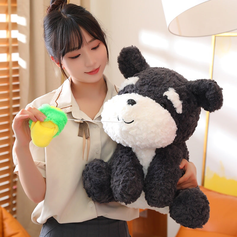 Adorable Kawaii Sooty the Fluffy Black Dog Plush with Cozy Slipper Design