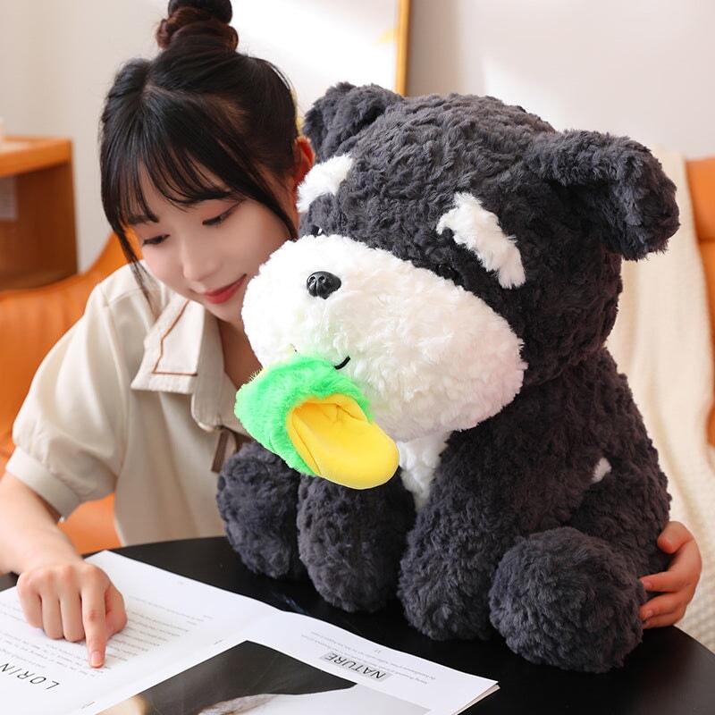 Adorable Sooty the Fluffy Black Dog Plushie with Cozy Slippers