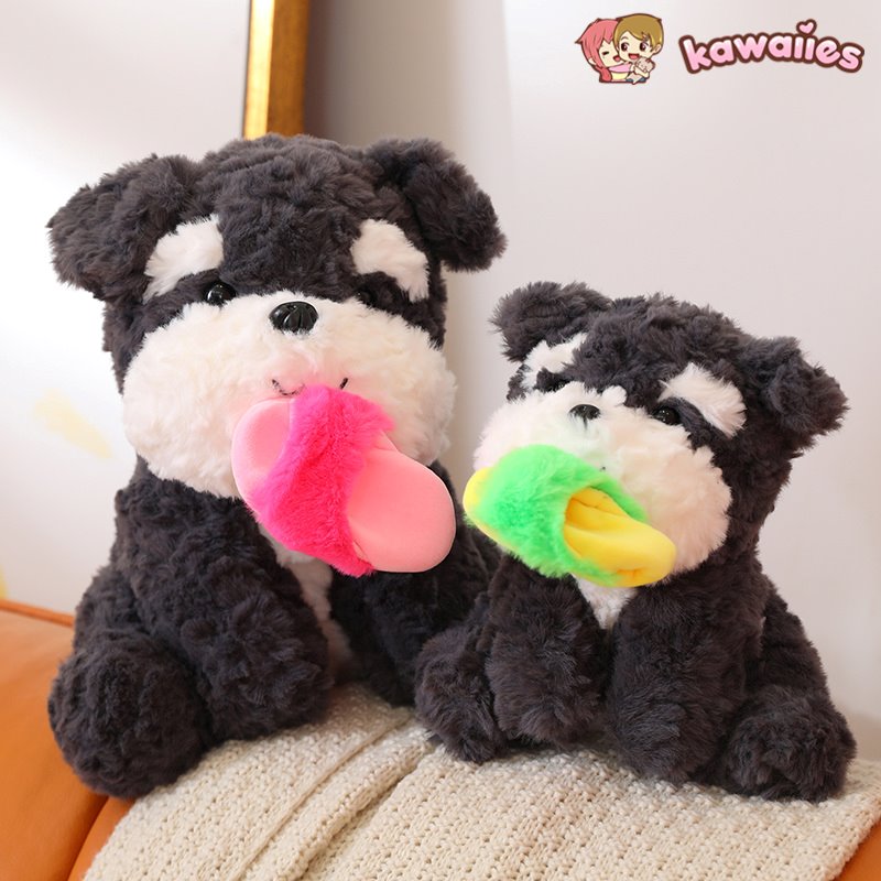 Adorable Kawaii Sooty the Fluffy Black Dog Plush with Cozy Slipper Design