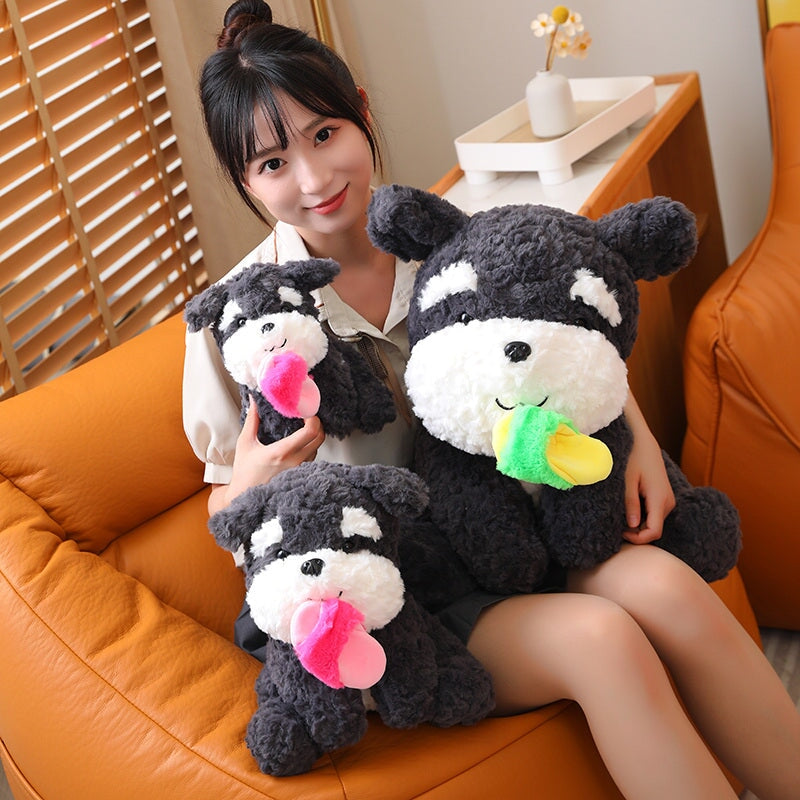 Adorable Kawaii Sooty the Fluffy Black Dog Plush with Cozy Slipper Design