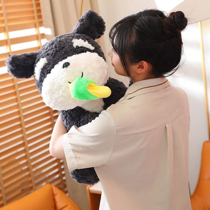 Adorable Sooty the Fluffy Black Dog Plushie with Cozy Slippers