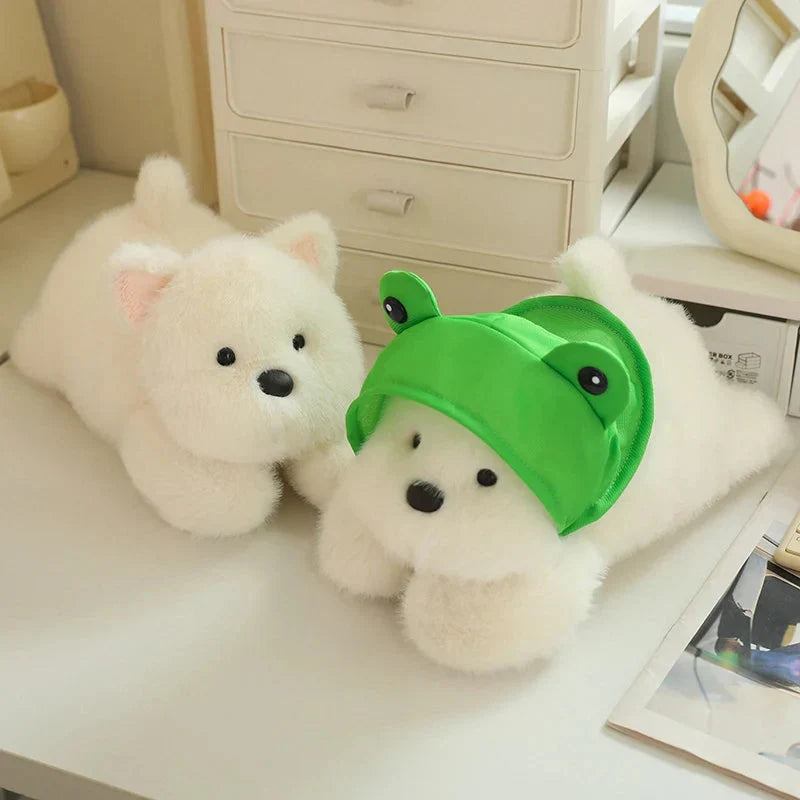 Adorable Snowy the White Maltese Plush Toy Wearing a Cute Frog Hat