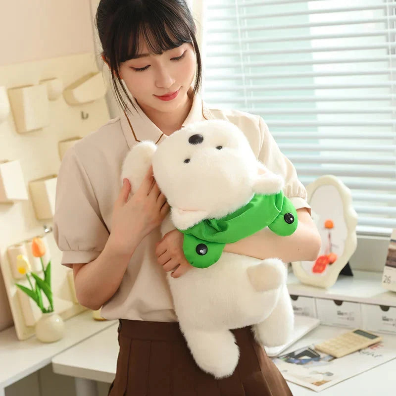 Adorable Snowy the White Maltese Plush Toy Wearing a Cute Frog Hat
