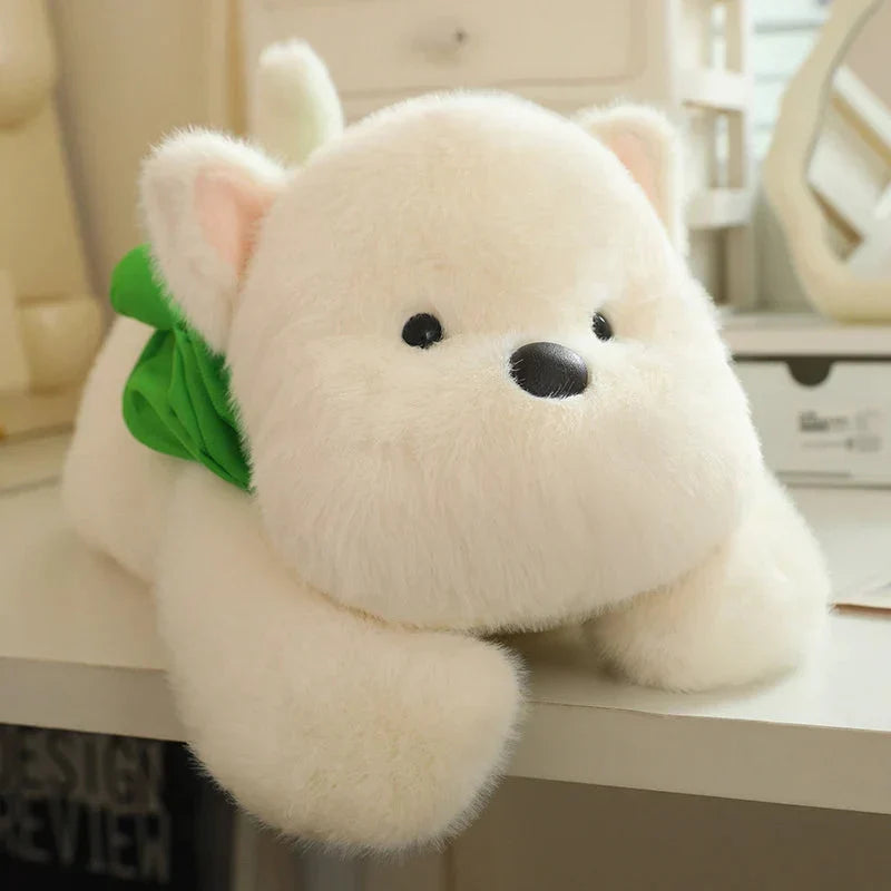 Adorable Snowy the White Maltese Plush Toy Wearing a Cute Frog Hat