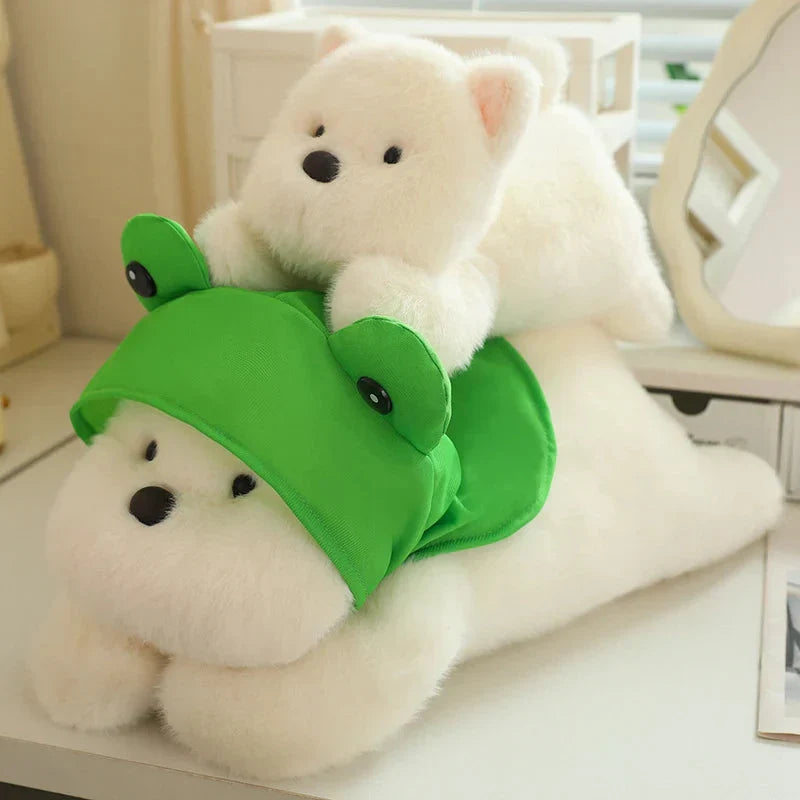 Adorable Snowy the White Maltese Plush Toy Wearing a Cute Frog Hat