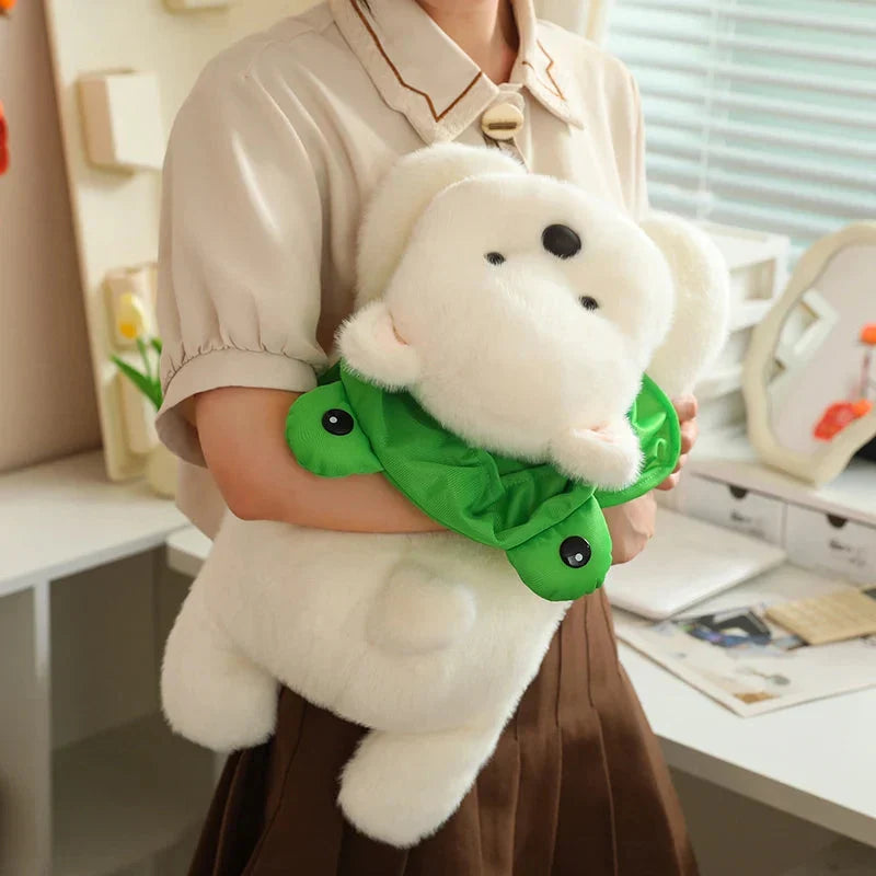 Adorable Snowy the White Maltese Plush Toy Wearing a Cute Frog Hat