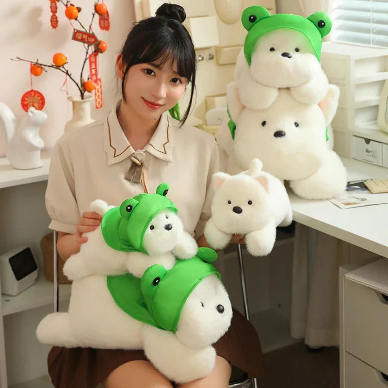 Adorable Snowy the White Maltese Plush Toy Wearing a Cute Frog Hat