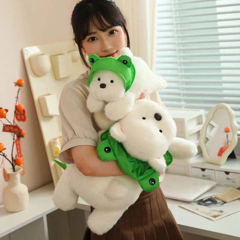 Adorable Snowy the White Maltese Plush Toy Wearing a Cute Frog Hat