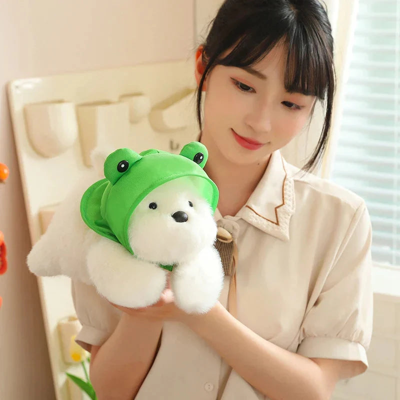 Adorable Snowy the White Maltese Plush Toy Wearing a Cute Frog Hat