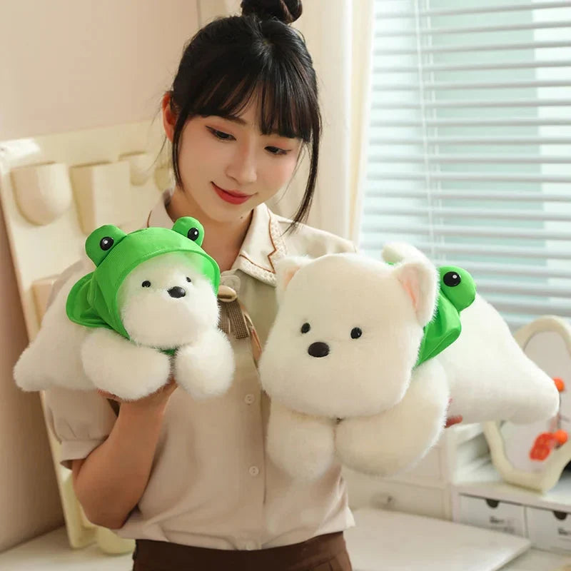 Adorable Snowy the White Maltese Plush Toy Wearing a Cute Frog Hat