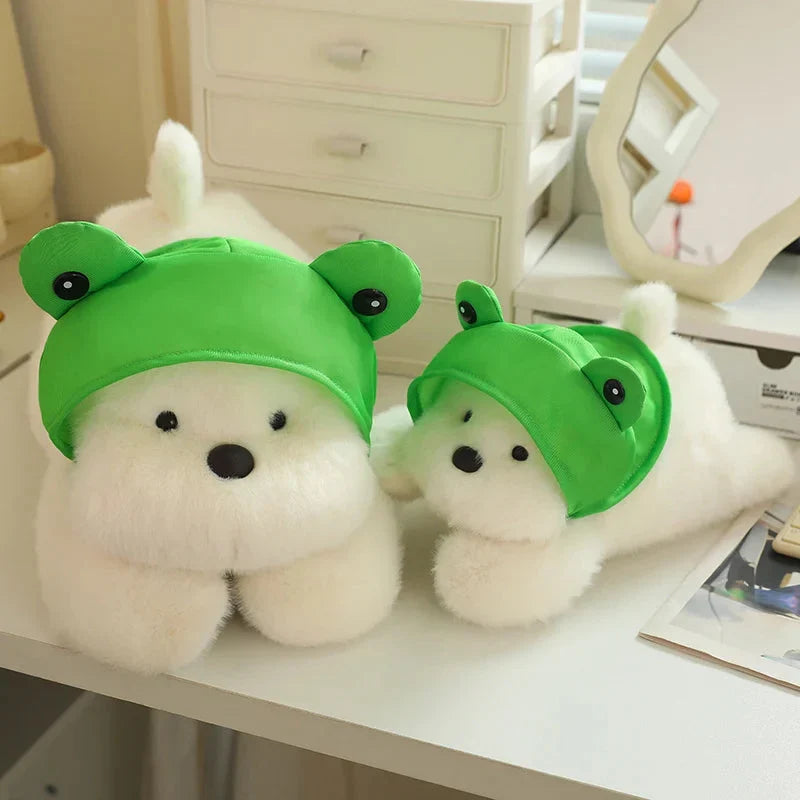 Adorable Snowy the White Maltese Plush Toy Wearing a Cute Frog Hat