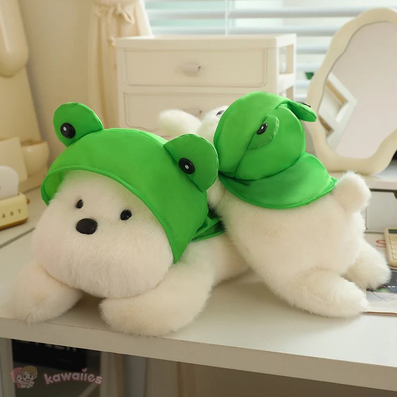 Adorable Snowy the White Maltese Plush Toy Wearing a Cute Frog Hat