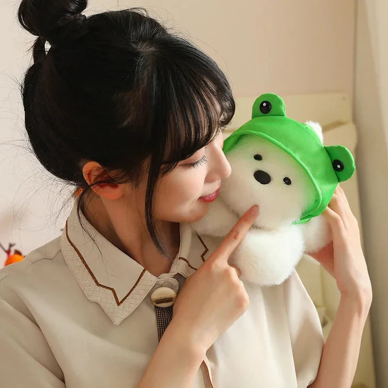 Adorable Snowy the White Maltese Plush Toy Wearing a Cute Frog Hat