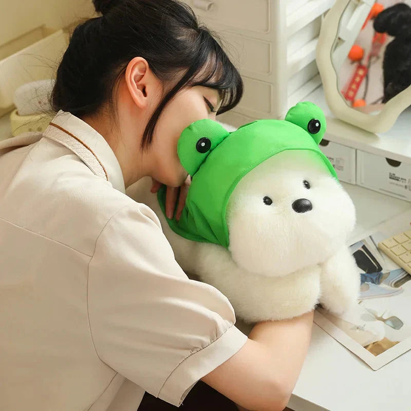Adorable Snowy the White Maltese Plush Toy Wearing a Cute Frog Hat