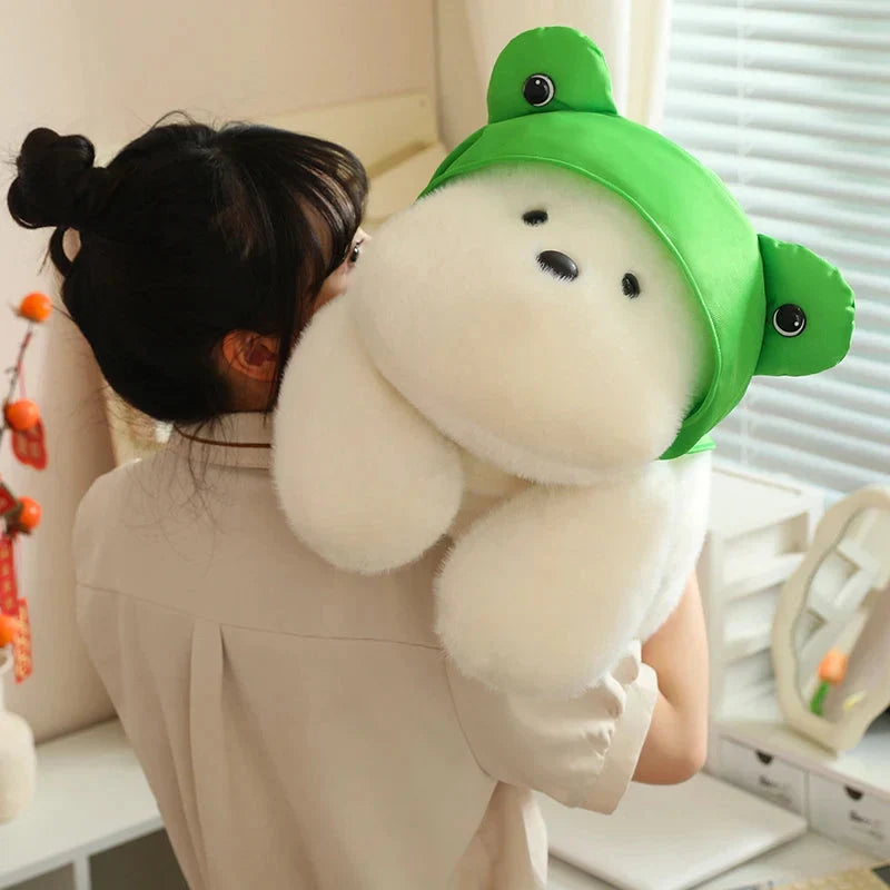 Adorable Snowy the White Maltese Plush Toy Wearing a Cute Frog Hat