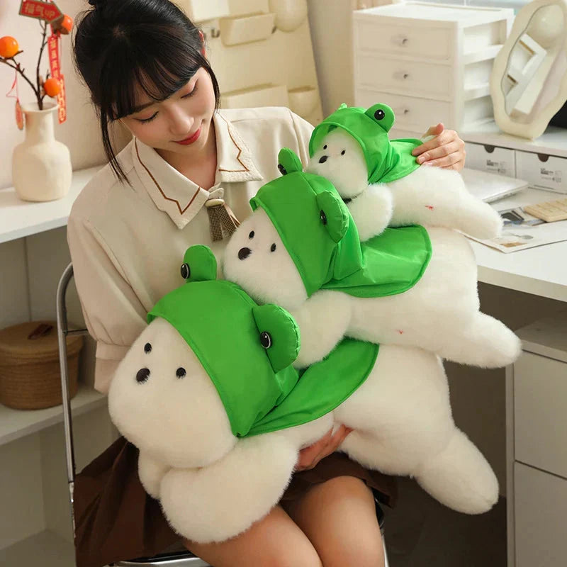 Adorable Snowy the White Maltese Plush Toy Wearing a Cute Frog Hat