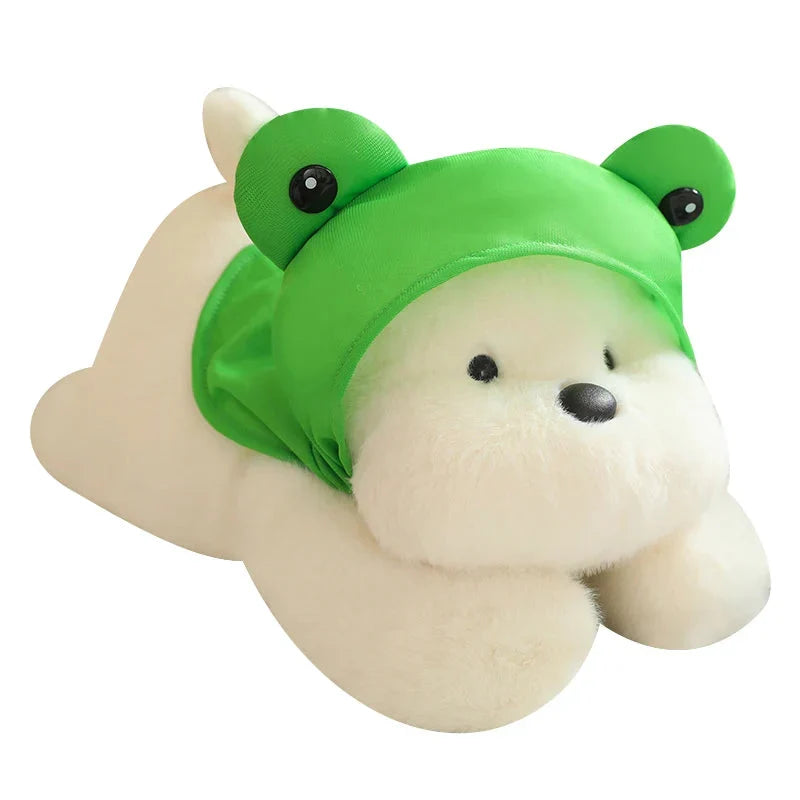 Adorable Snowy the White Maltese Plush Toy Wearing a Cute Frog Hat