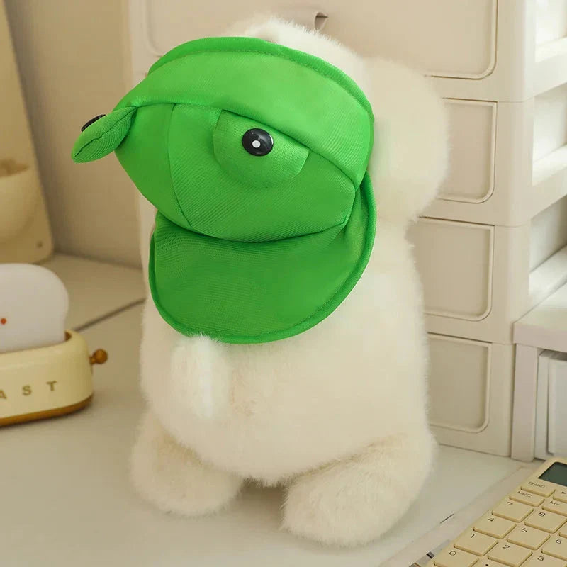 Adorable Snowy the White Maltese Plush Toy Wearing a Cute Frog Hat